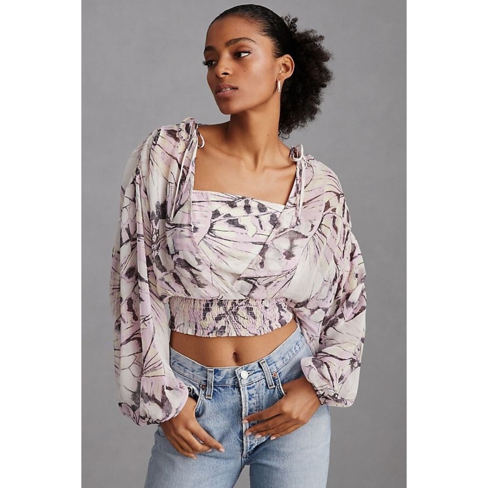 Anthropologie Pink Print Smocked Crop Top Bishop Sleeve XS Peasant Whimsigoth